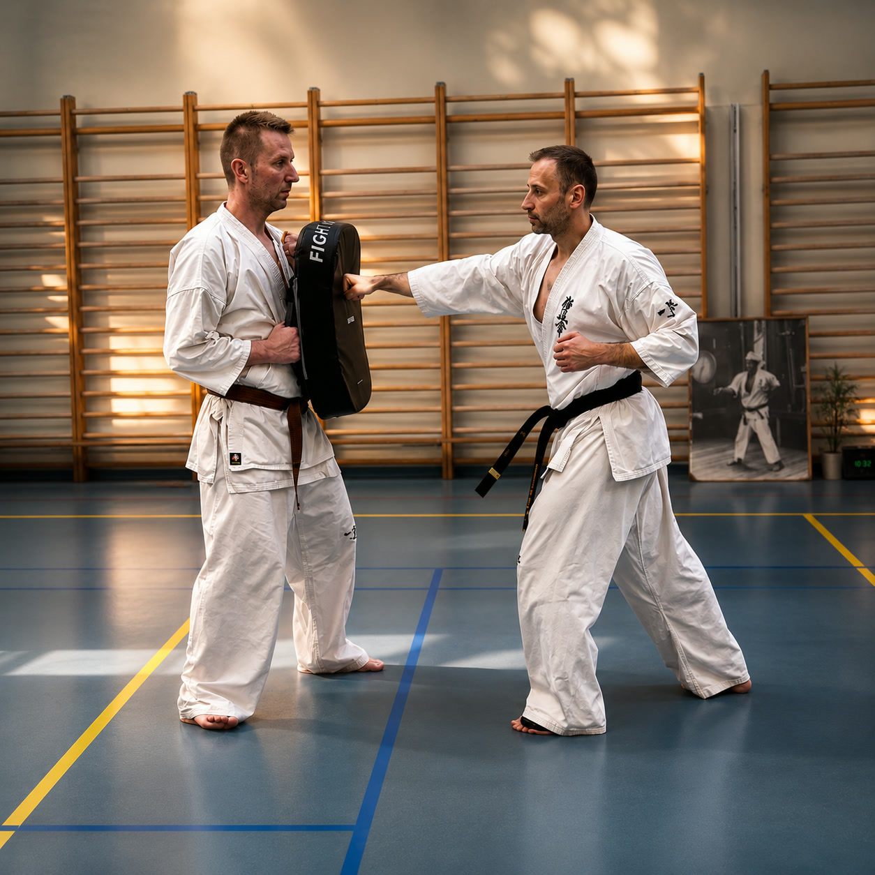 Travail avec partenaire aux pattes d'ours dans le dojo