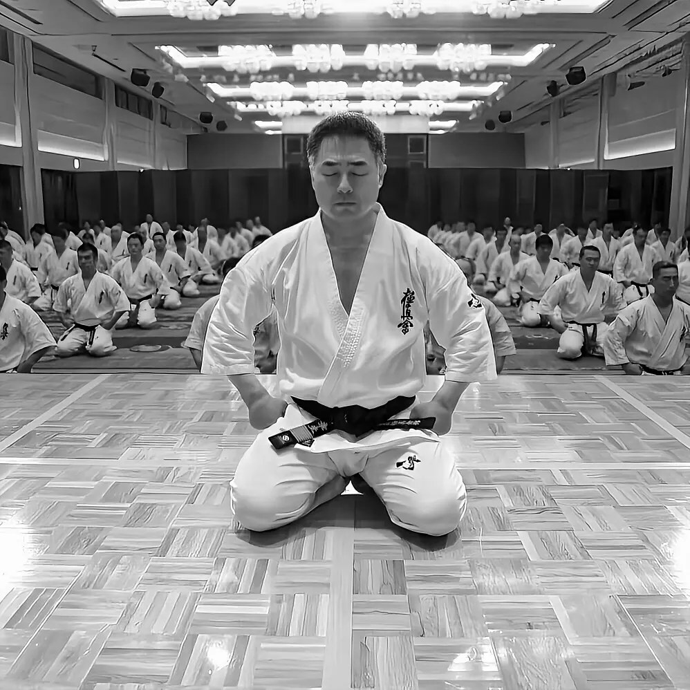 Groupe de karatéka exécutant un kihon en ligne dans un dojo
