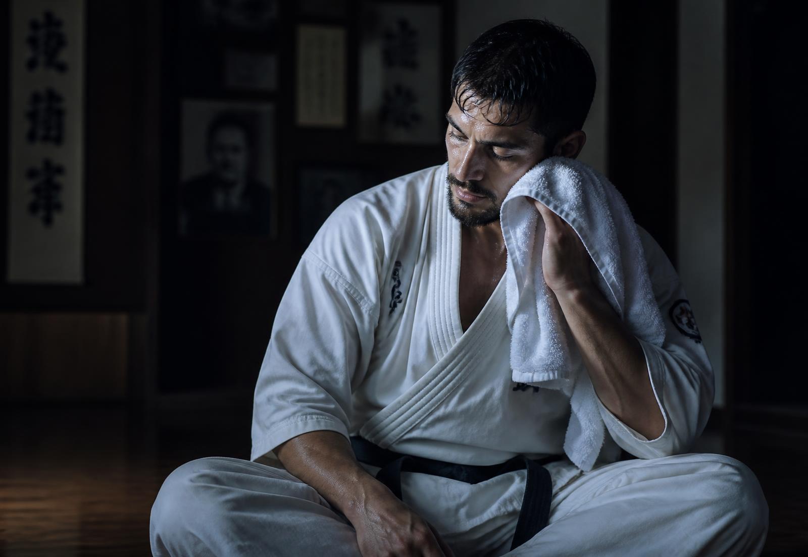 Karatéka après l'entraînement dans le dojo